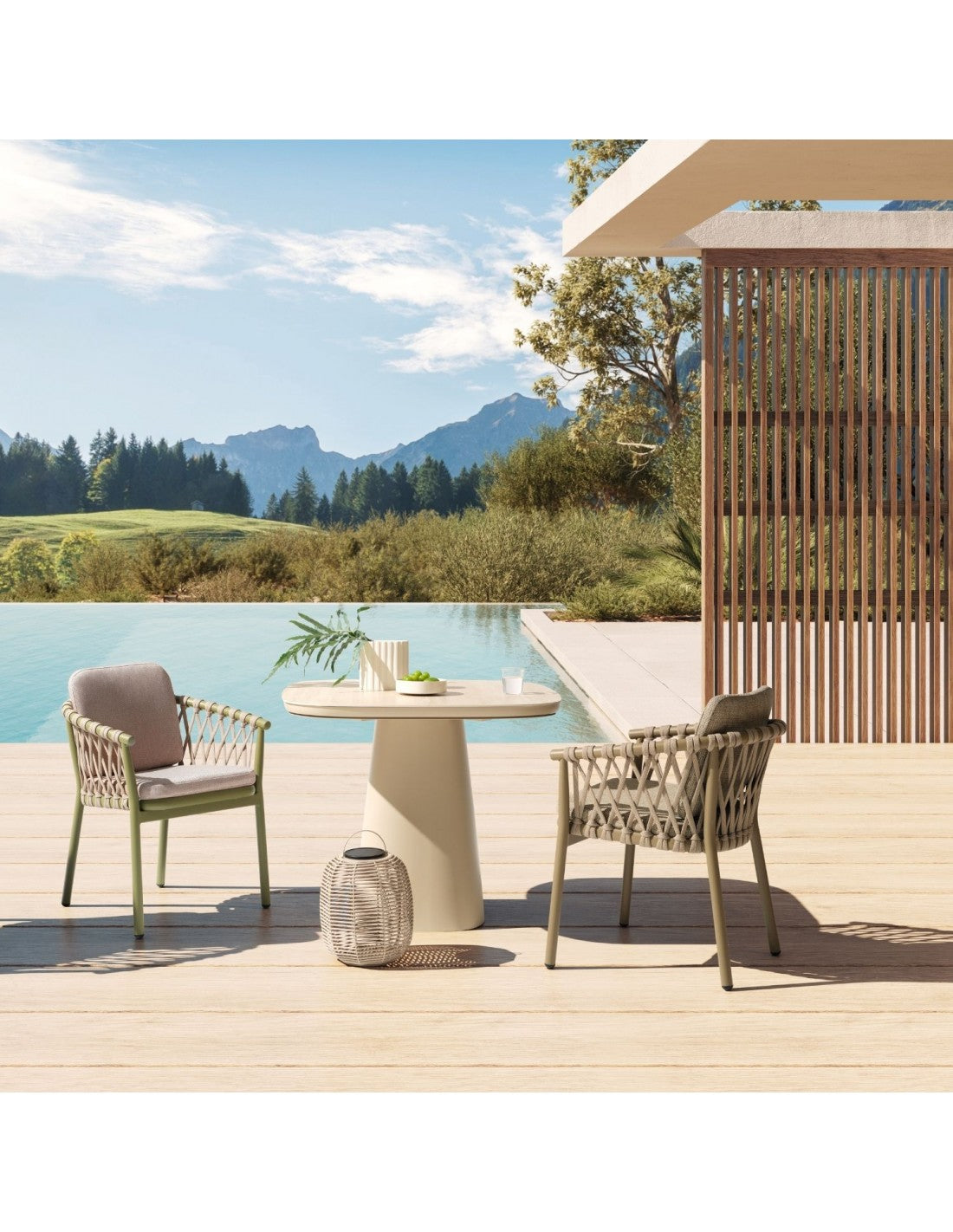 Olive Green Outdoor Dining Armchair ( with Grey Rope and Cushions)