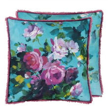 Load image into Gallery viewer, Bouquet De Roses Turquoise Cotton Cushion
