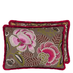 Rose De Damas Embroidered Cranberry Cotton Cushion