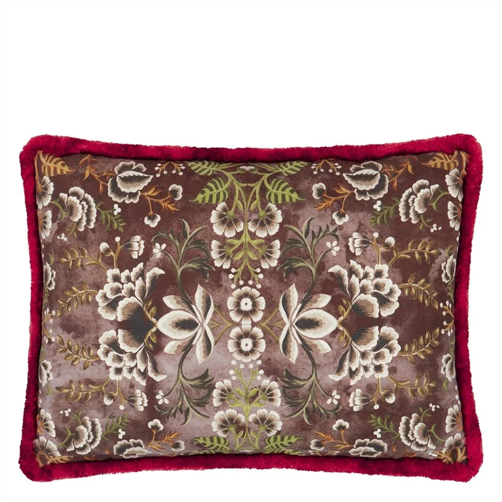 Rose De Damas Embroidered Cranberry Cotton Cushion