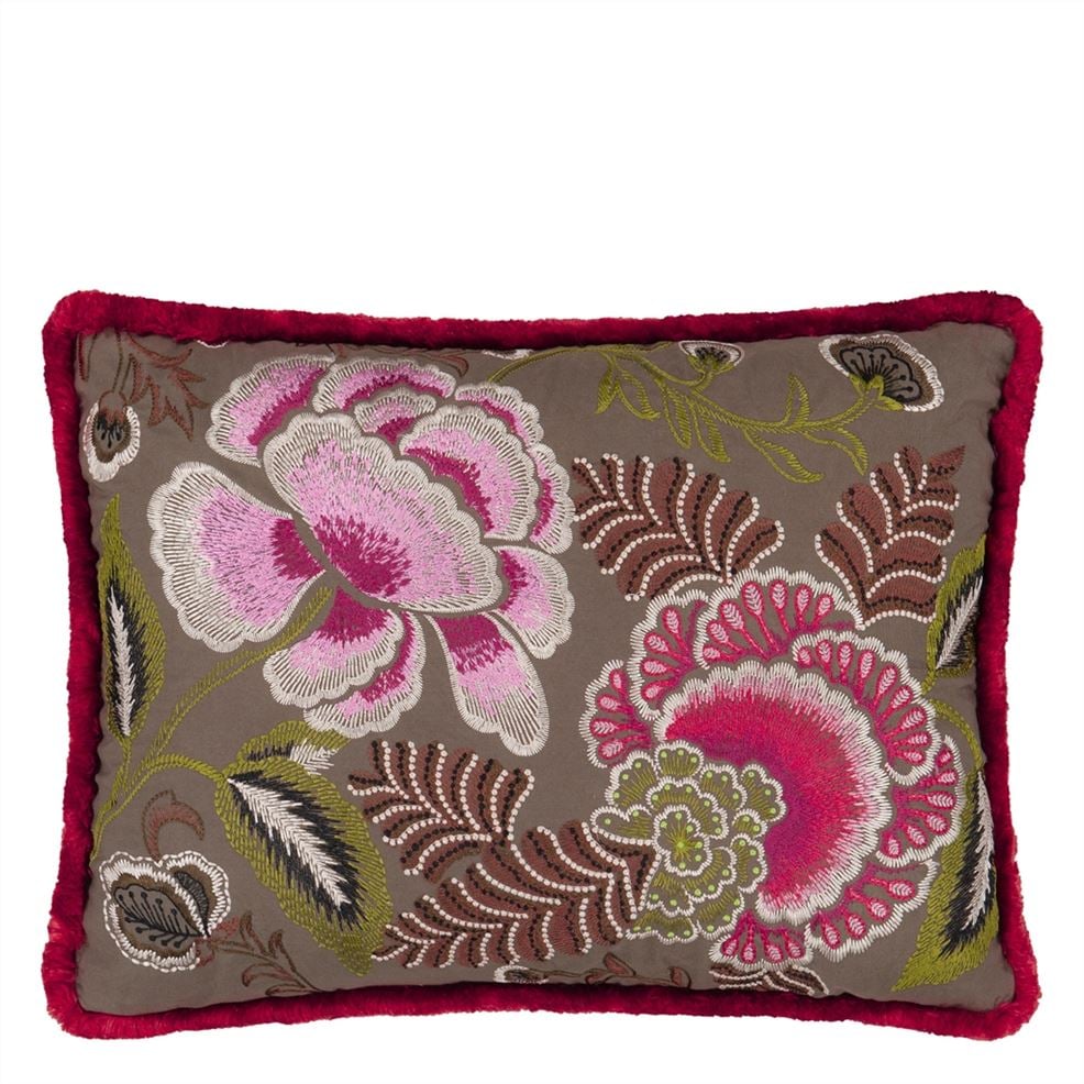 Rose De Damas Embroidered Cranberry Cotton Cushion