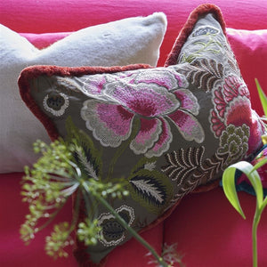 Rose De Damas Embroidered Cranberry Cotton Cushion