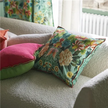 Load image into Gallery viewer, Ikebana Damask Aqua cotton cushion
