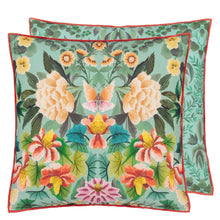 Load image into Gallery viewer, Ikebana Damask Aqua cotton cushion
