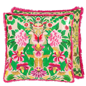 Ikebana Damask fucsia embroidered cotton cushion