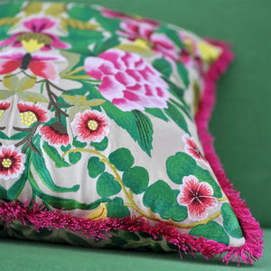 Ikebana Damask fucsia embroidered cotton cushion