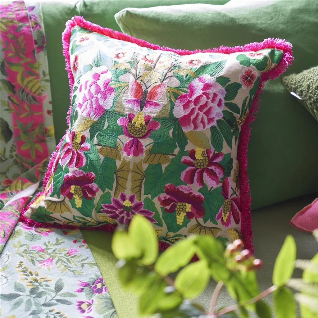 Ikebana Damask fucsia embroidered cotton cushion