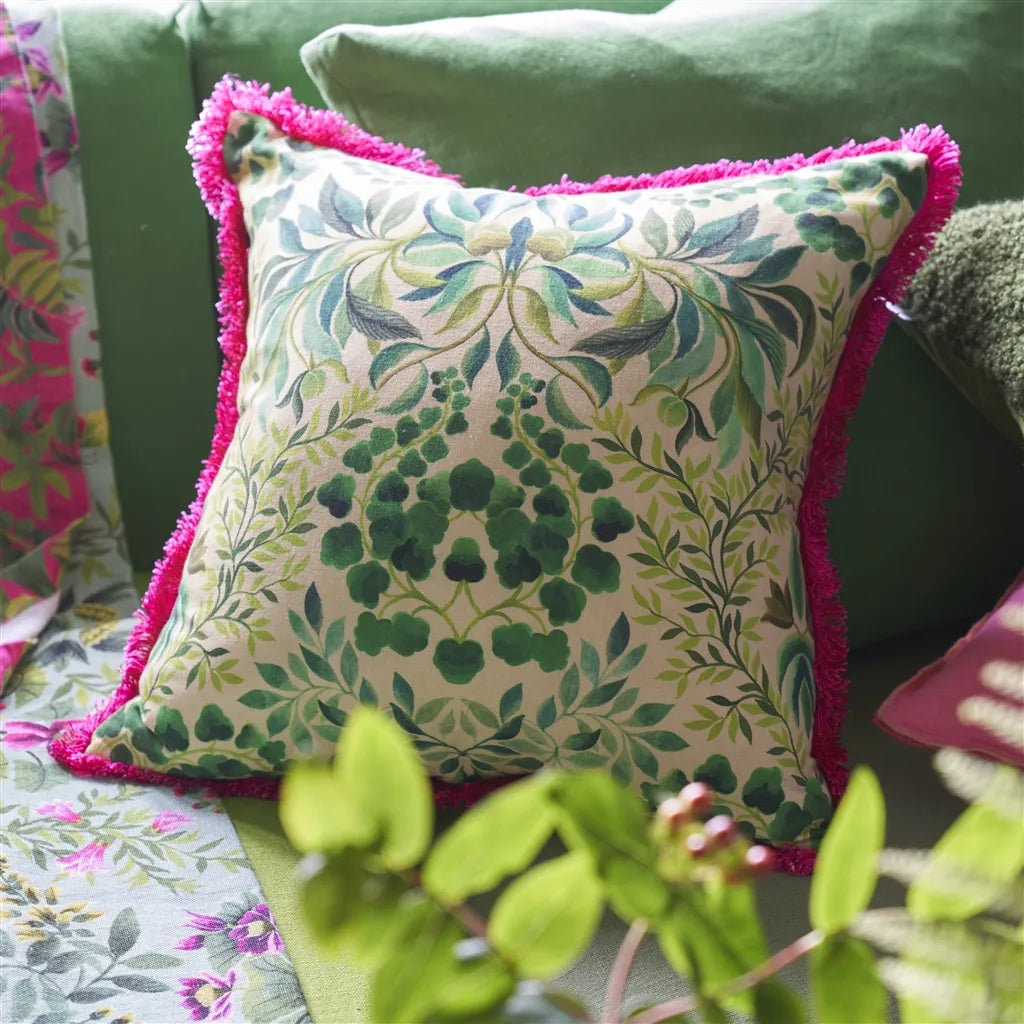 Ikebana Damask fucsia embroidered cotton cushion