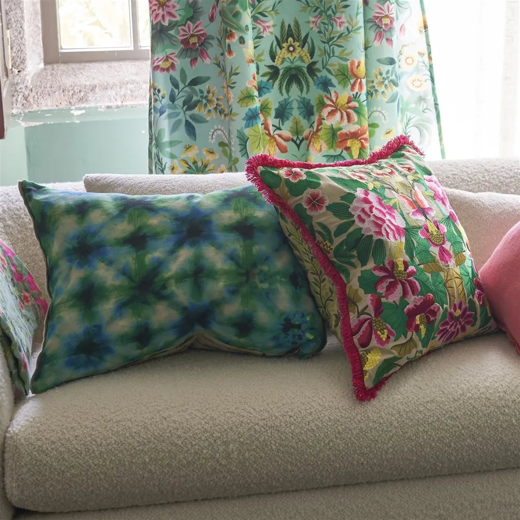 Ikebana Damask fucsia embroidered cotton cushion