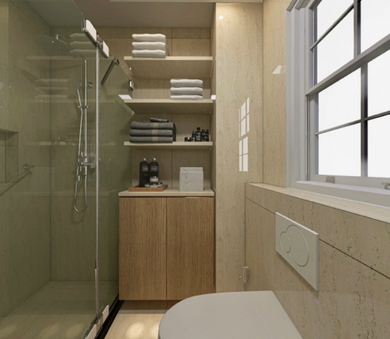 bathroom in tones of beige with shower area and a cabinet with shelves