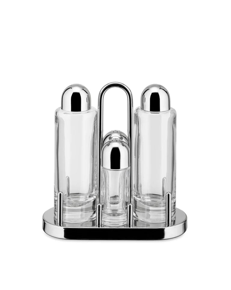 glass condiment set in stainless steel support