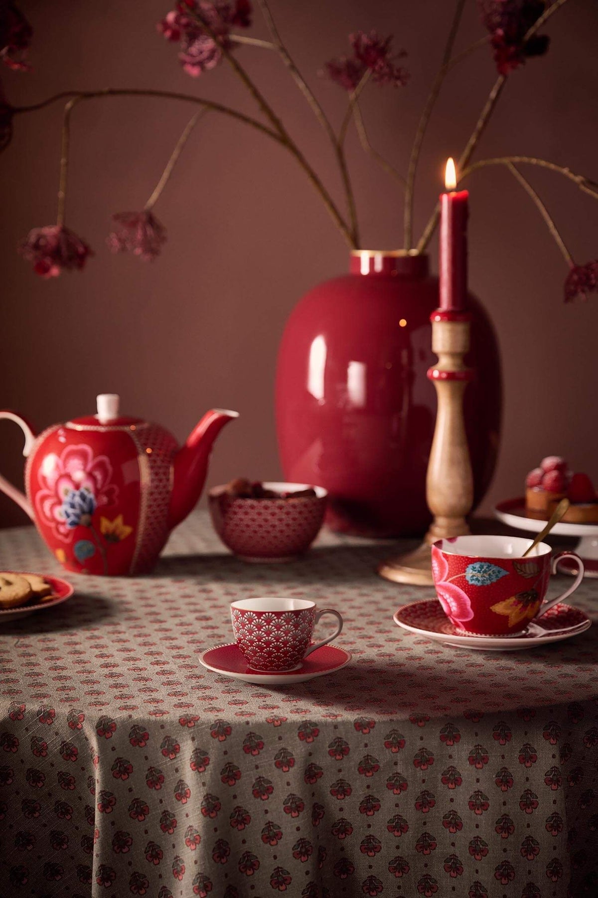 Espresso Cups & Saucers Blooming Tales Dark Red e 120 ml (Set 2 Pieces)